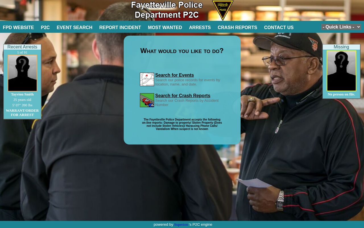 Fayette County Fayetteville Police P2C recent arrest record interface